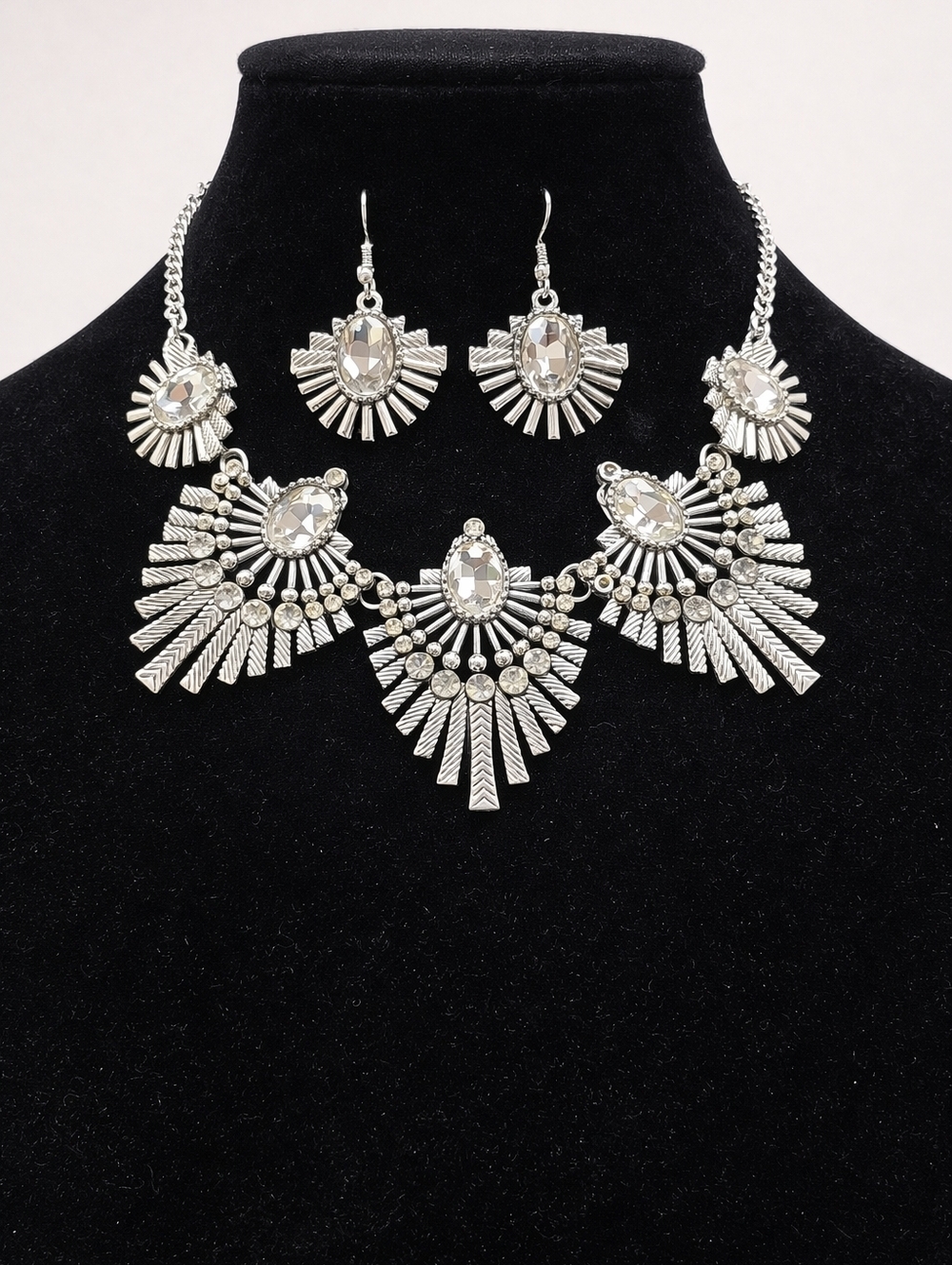 Silver Statement Necklace Set | Crystal Fan Design | Matching Earrings